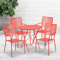 Flash Furniture CO-30RDF-02CHR4-RED-GG 30" Round Steel Folding Patio Table Set with 4 Square Back Chairs in Coral